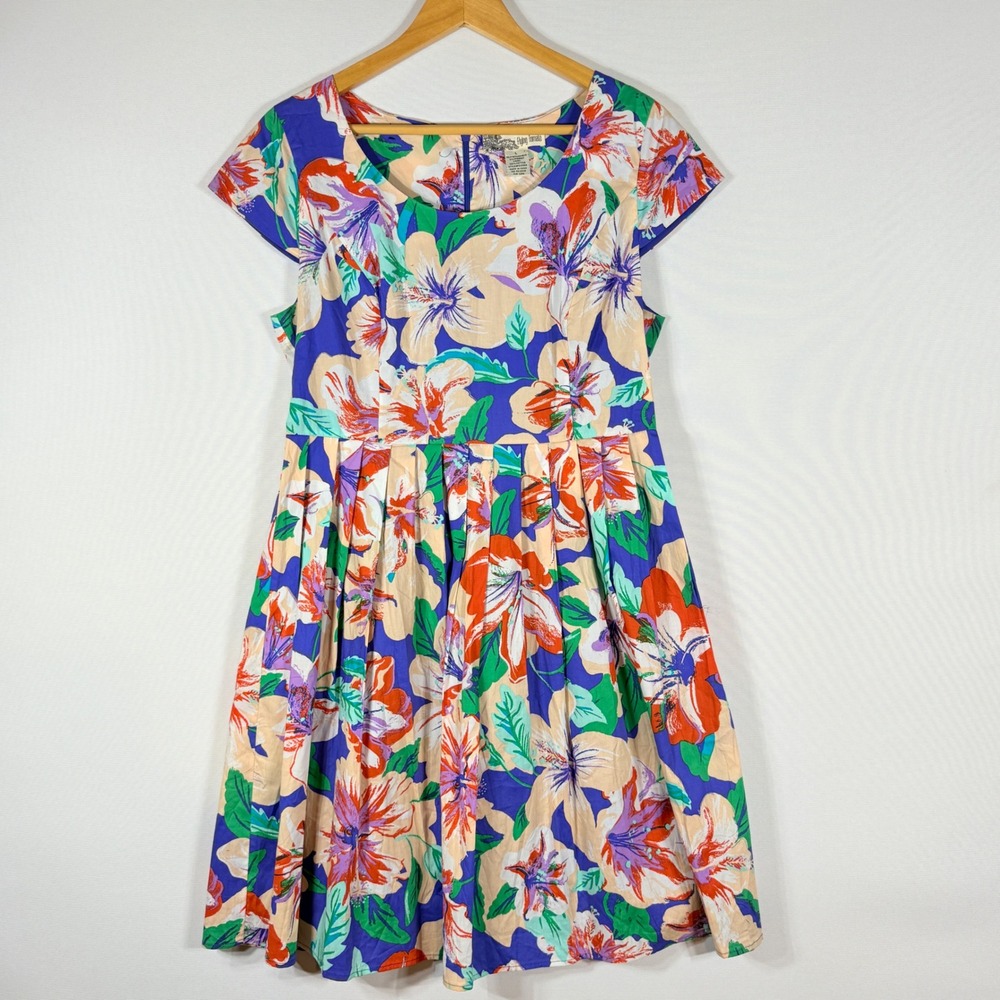 Flying Tomato Womens Large Floral Romantic Fit Flare‎ Dress Pleated Colorful
